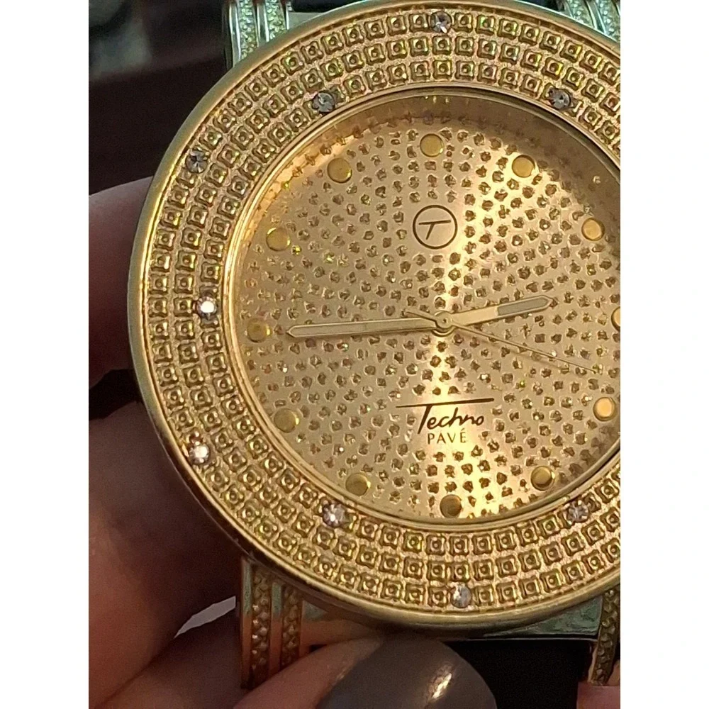 Techno Pave 7204 Iced Out 55mm Mens Watch. Goldtone, Black Silicone Band,Gems.